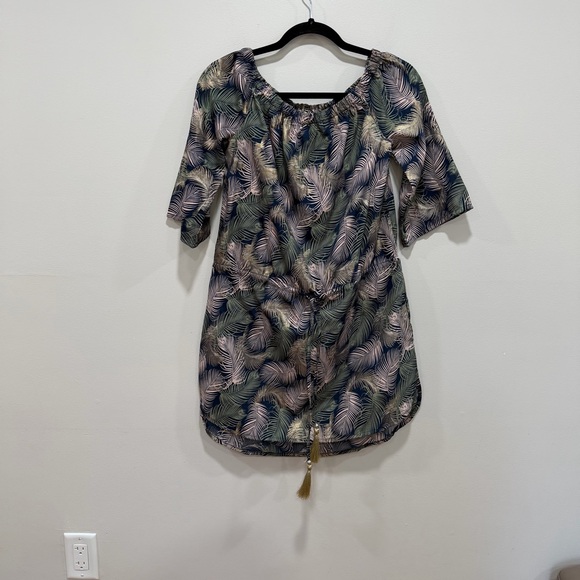 Blue island Tropical Leaf Print Mini Dress Boho Cinched Waist Tassel Tie Small - Picture 2 of 7